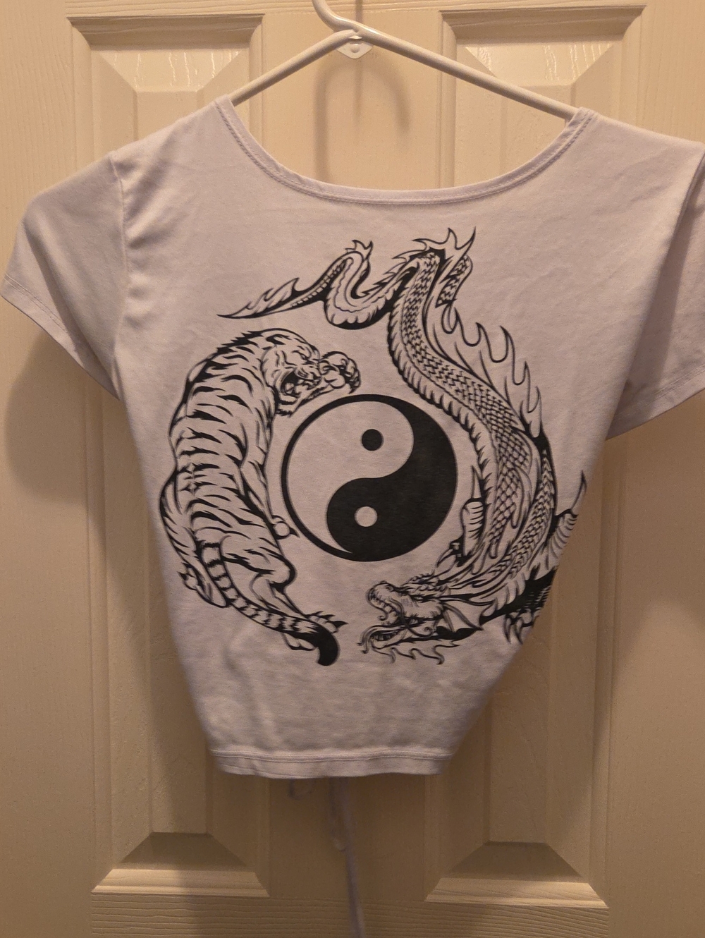 Occasion White Crop Top with Black Yin Yang Dragon & Tiger Print
